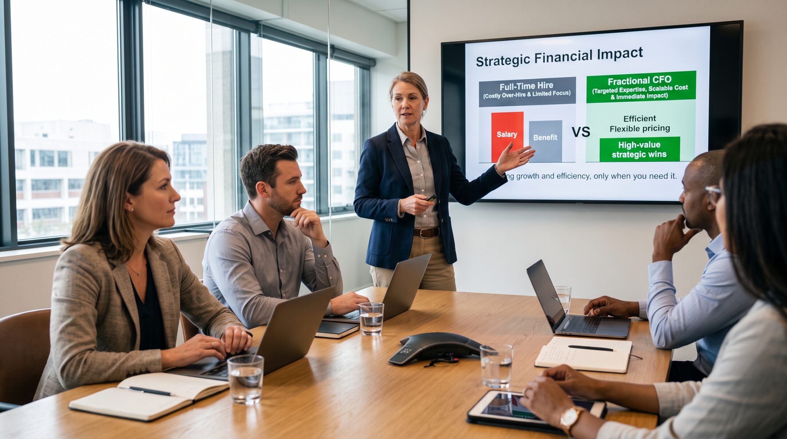 Fractional CFO presenting strategic financial impact and cost comparison to business team
