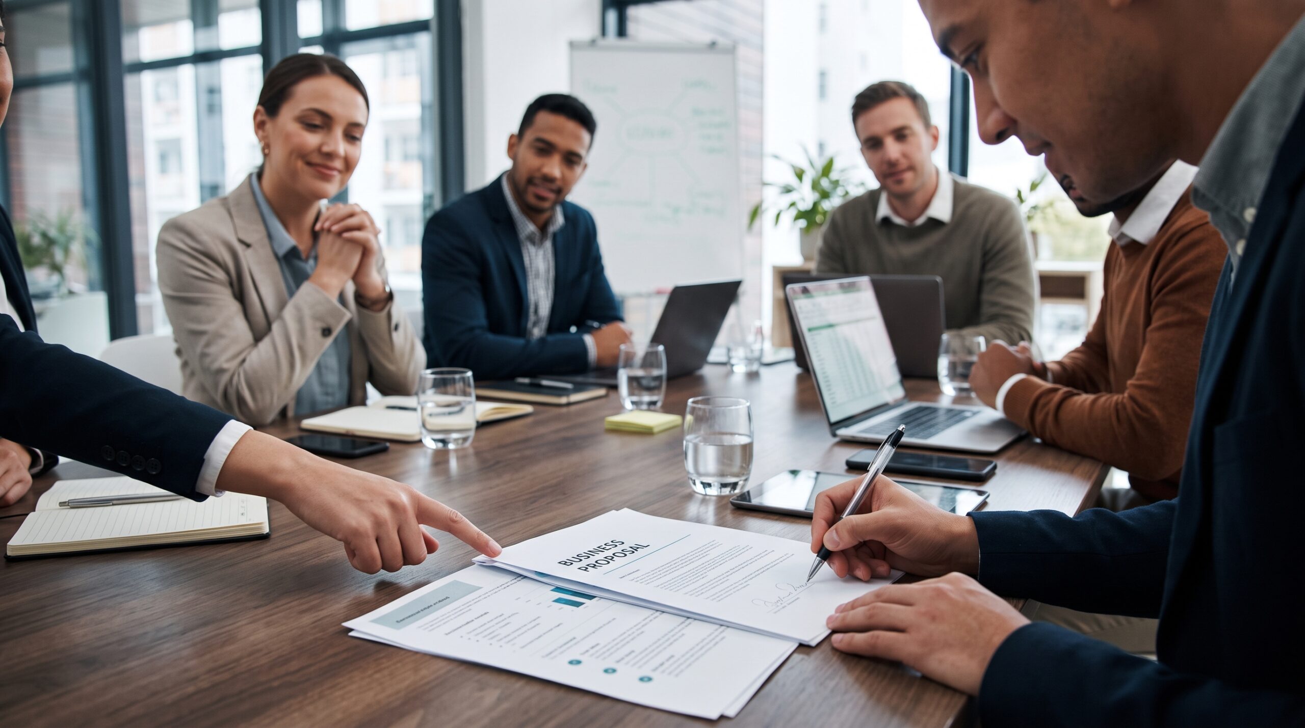 Business professionals reviewing and signing a business proposal during a meeting
