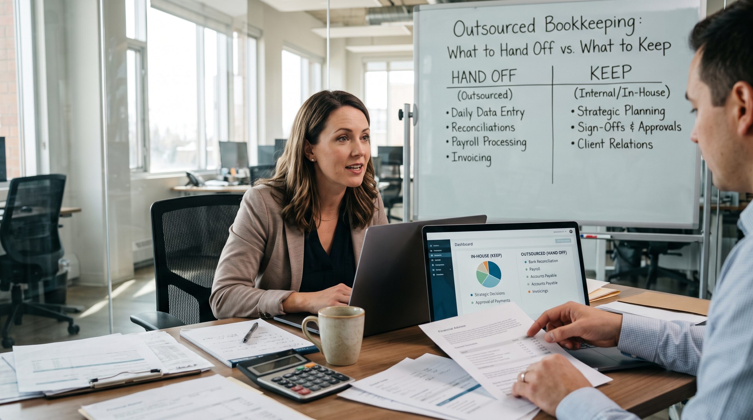 Outsourced bookkeeping consultant explaining which financial tasks to delegate and which business decisions to keep in-house.