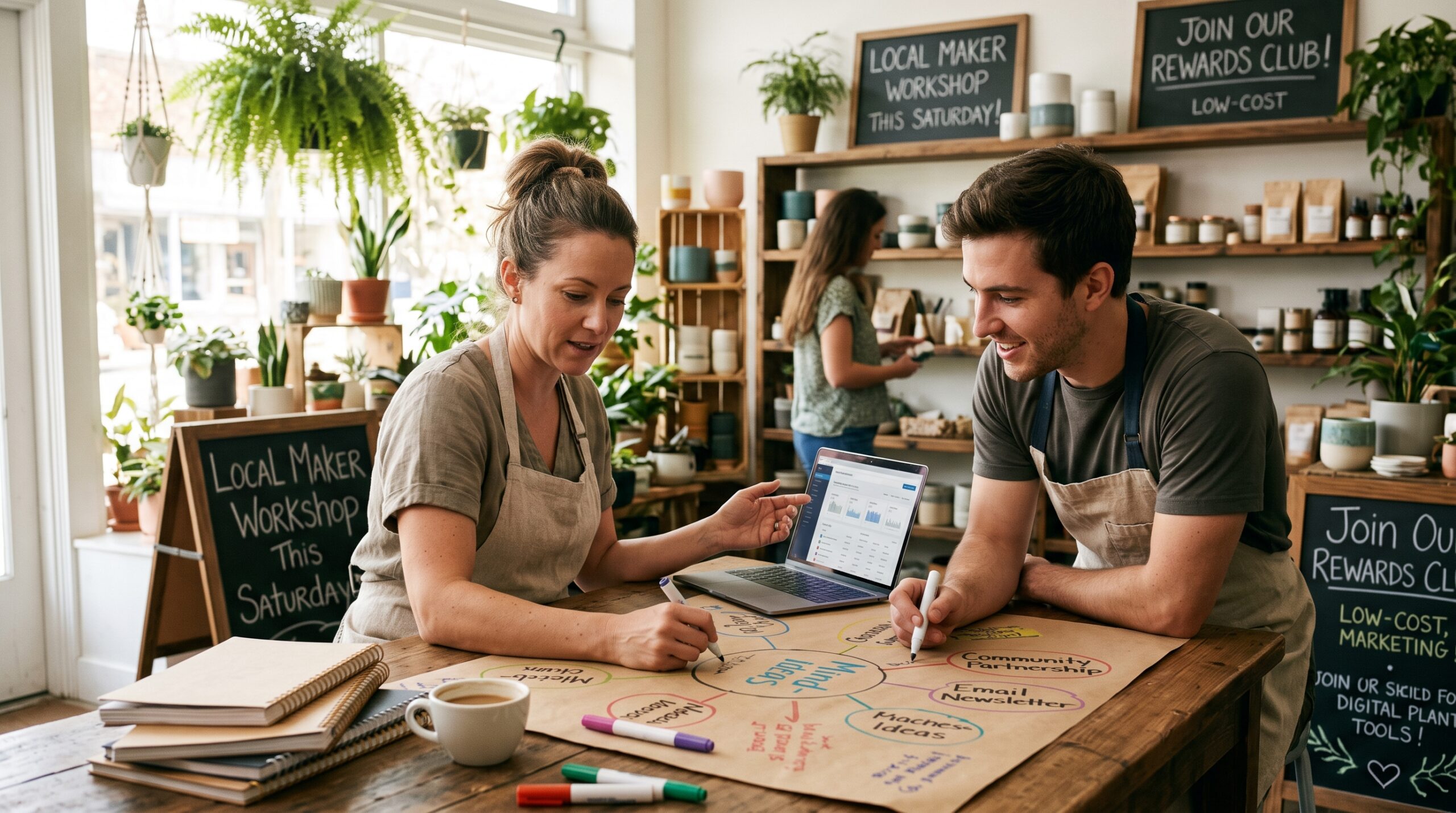 Small business owners planning growth strategies with marketing ideas and sales goals